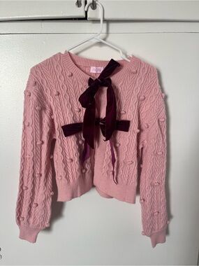 Pink Lily Pink Cable-Knit Ribbon Tie Sweater Cardigan